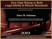 Martindale Hubbell Very High Rating in Both Legal Ability and Ethical Standards, Peter Solomon, 2019